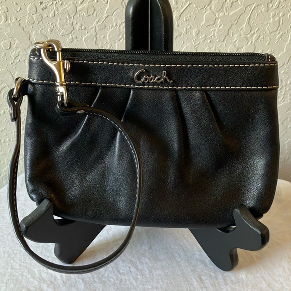 Coach: Black Leather Wristlet- Silver Tone - Picture 1 of 16